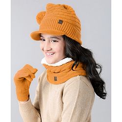Pine Kids Woollen Cap & Mask With Muffler Yellow - Diameter 46 cm
