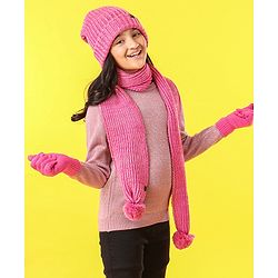 Pine Kids Cap Gloves & Muffler with Pom Pom Solid Color Pink - Diameter 12 cm