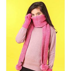 Pine Kids Cap Gloves & Muffler with Pom Pom Solid Color Pink - Diameter 12 cm