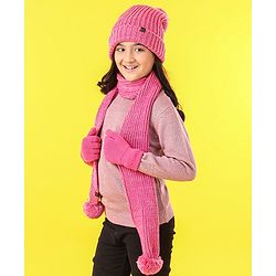 Pine Kids Cap Gloves & Muffler with Pom Pom Solid Color Pink - Diameter 12 cm