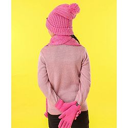 Pine Kids Cap Gloves & Muffler with Pom Pom Solid Color Pink - Diameter 12 cm