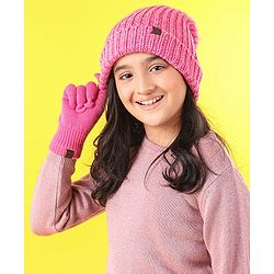 Pine Kids Cap Gloves & Muffler with Pom Pom Solid Color Pink - Diameter 12 cm