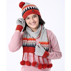 Pine Kids Woollen Cap Gloves Set With Muffler Red - Diameter 18 cm