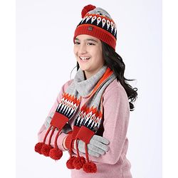 Pine Kids Woollen Cap Gloves Set With Muffler Red - Diameter 18 cm