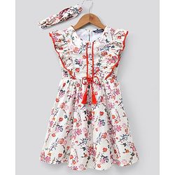 Pine Kids Frill Sleeves Frock & Headband Floral Print - Off White