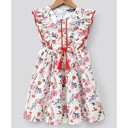 Pine Kids Frill Sleeves Frock & Headband Floral Print - Off White