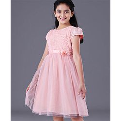 Pine Kids Half Sleeves Frock With Foil Print On Mesh & Cotton Lining - Peach