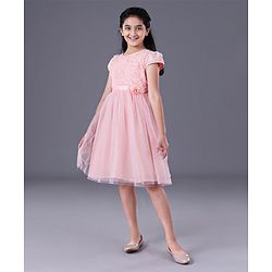 Pine Kids Half Sleeves Frock With Foil Print On Mesh & Cotton Lining - Peach