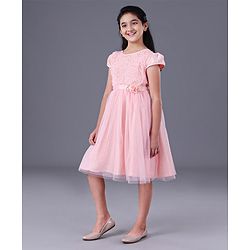 Pine Kids Half Sleeves Frock With Foil Print On Mesh & Cotton Lining - Peach