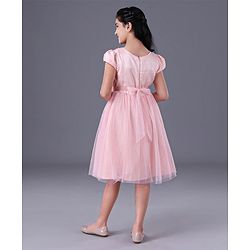 Pine Kids Half Sleeves Frock With Foil Print On Mesh & Cotton Lining - Peach