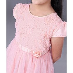 Pine Kids Half Sleeves Frock With Foil Print On Mesh & Cotton Lining - Peach