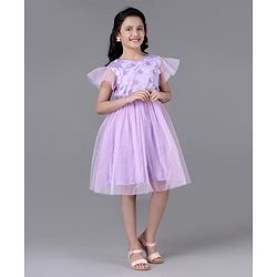 Pine Kids Party Dress with Foil Print on Mesh and Cotton Lining Embellished with Flowers Applique - Orchid Bouquet