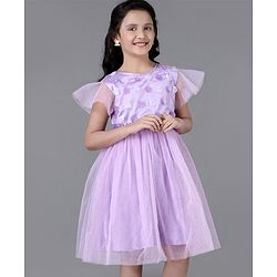 Pine Kids Party Dress with Foil Print on Mesh and Cotton Lining Embellished with Flowers Applique - Orchid Bouquet