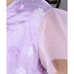 Pine Kids Party Dress with Foil Print on Mesh and Cotton Lining Embellished with Flowers Applique - Orchid Bouquet