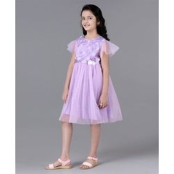 Pine Kids Party Dress with Foil Print on Mesh and Cotton Lining Embellished with Flowers Applique - Orchid Bouquet
