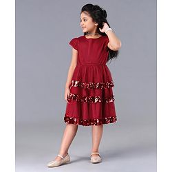 Pine Kids Cap Sleeves Frock With Cotton Lining Sequin Detailing - Red