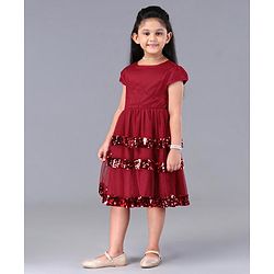 Pine Kids Cap Sleeves Frock With Cotton Lining Sequin Detailing - Red