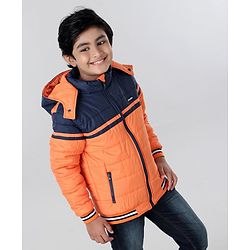 Pine Kids Full Sleeves Padded Medium Winter Hoodie Jacket Color Block - Orange