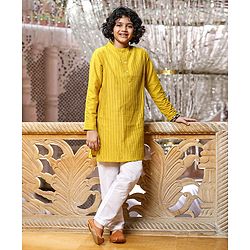 Pine Kids Full Sleeves Pintuck Kurta & Pyjama - Mustard