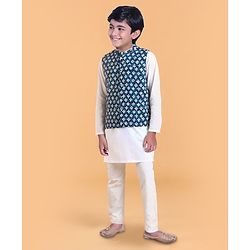 Pine Kids Full Sleeves Solid Kurta & Pyjama with Buti Printed Bandi - White Indigo