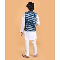Pine Kids Full Sleeves Solid Kurta & Pyjama with Buti Printed Bandi - White Indigo