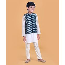 Pine Kids Full Sleeves Solid Kurta & Pyjama with Buti Printed Bandi - White Indigo