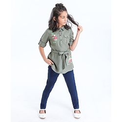 Pine Kids Premium Full Sleeves Shirt Dress with Jegging Floral Embroidery - Olive Green Blue