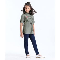 Pine Kids Premium Full Sleeves Shirt Dress with Jegging Floral Embroidery - Olive Green Blue