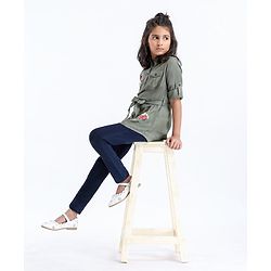 Pine Kids Premium Full Sleeves Shirt Dress with Jegging Floral Embroidery - Olive Green Blue
