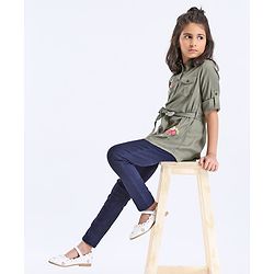 Pine Kids Premium Full Sleeves Shirt Dress with Jegging Floral Embroidery - Olive Green Blue