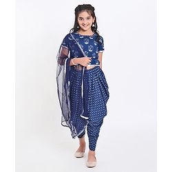 Pine Kids Short Sleeve Printed Choli & Dhoti Pant with Dupatta Set Floral and Dotted Print - Indigo