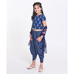Pine Kids Short Sleeve Printed Choli & Dhoti Pant with Dupatta Set Floral and Dotted Print - Indigo