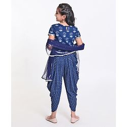 Pine Kids Short Sleeve Printed Choli & Dhoti Pant with Dupatta Set Floral and Dotted Print - Indigo