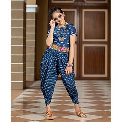 Pine Kids Short Sleeve Printed Choli & Dhoti Pant with Dupatta Set Floral and Dotted Print - Indigo