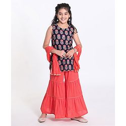 Pine Kids Printed Kurti with Sharara & Cotton Crushed Dupatta - Blue Pink
