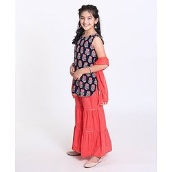 Pine Kids Printed Kurti with Sharara & Cotton Crushed Dupatta - Blue Pink