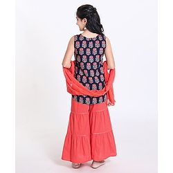 Pine Kids Printed Kurti with Sharara & Cotton Crushed Dupatta - Blue Pink