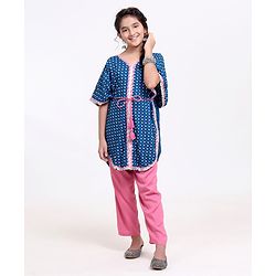 Pine Kids Half Sleeves Printed Kaftan with Tie-up & Salwar - Pink