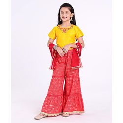 Pine Kids Printed Top And Sharara Set with Mesh Dupatta - Red