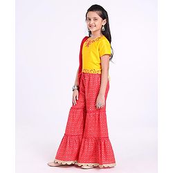 Pine Kids Printed Top And Sharara Set with Mesh Dupatta - Red