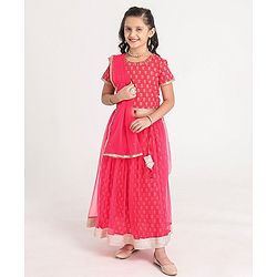 Pine Kids Half Sleeves Embroidered Choli with Foil Print  Lehenga & Dupatta Set Embellished with Lace Borders - Pink
