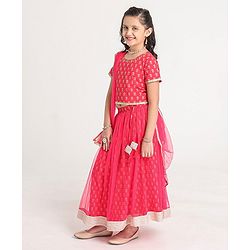 Pine Kids Half Sleeves Embroidered Choli with Foil Print  Lehenga & Dupatta Set Embellished with Lace Borders - Pink