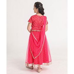 Pine Kids Half Sleeves Embroidered Choli with Foil Print  Lehenga & Dupatta Set Embellished with Lace Borders - Pink