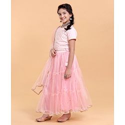Pine Kids Half Sleeves Gottta Lace Choli and Lehenga Set with Sequined Dupatta - Peach
