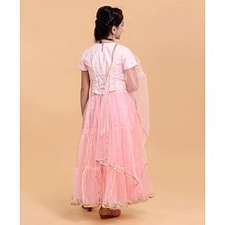 Pine Kids Half Sleeves Gottta Lace Choli and Lehenga Set with Sequined Dupatta - Peach