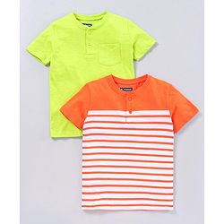 Pine Kids Half Sleeves Bio Washed Tee Striped Print - Orange Green