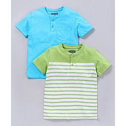 Pine Kids Half Sleeves Bio Washed Tee Striped Print Pack of 2 - Blue Green