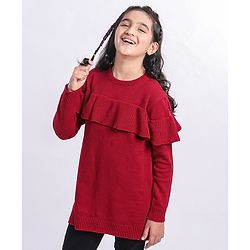 Pine Kids Full Sleeves Sweater Dress With Frill Detailing - Red
