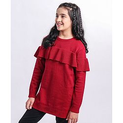 Pine Kids Full Sleeves Sweater Dress With Frill Detailing - Red