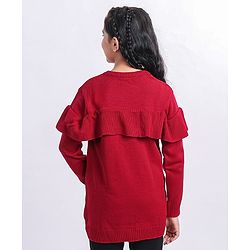 Pine Kids Full Sleeves Sweater Dress With Frill Detailing - Red